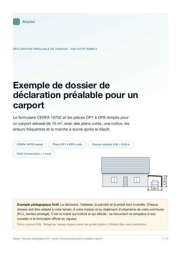 Couverture du PDF « Exemple de dossier de déclaration préalable pour un carport »