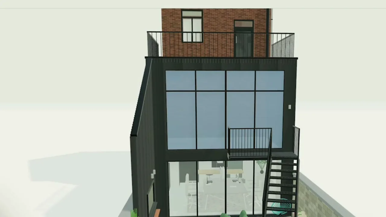Modèle 3D de la même annexe avec la variante de rénovation : bardage sombre et grande baie vitrée
