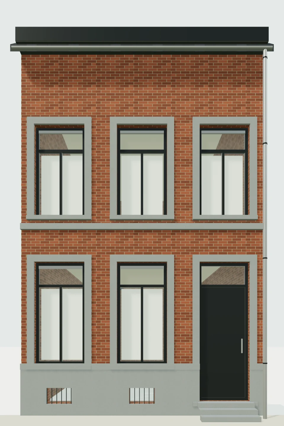 Modèle 3D vu depuis la rue : façade en briques, trois travées, encadrements en pierre et porte anthracite à droite