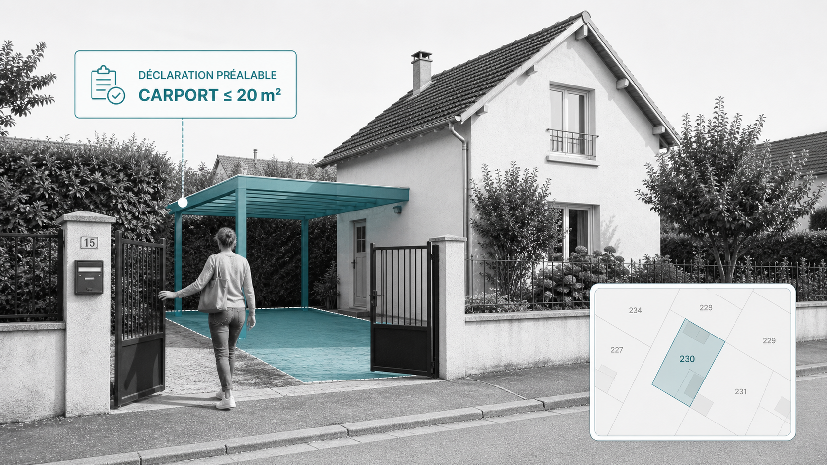 Carport soumis à déclaration préalable sur une maison française dans une composition atlas digital clair