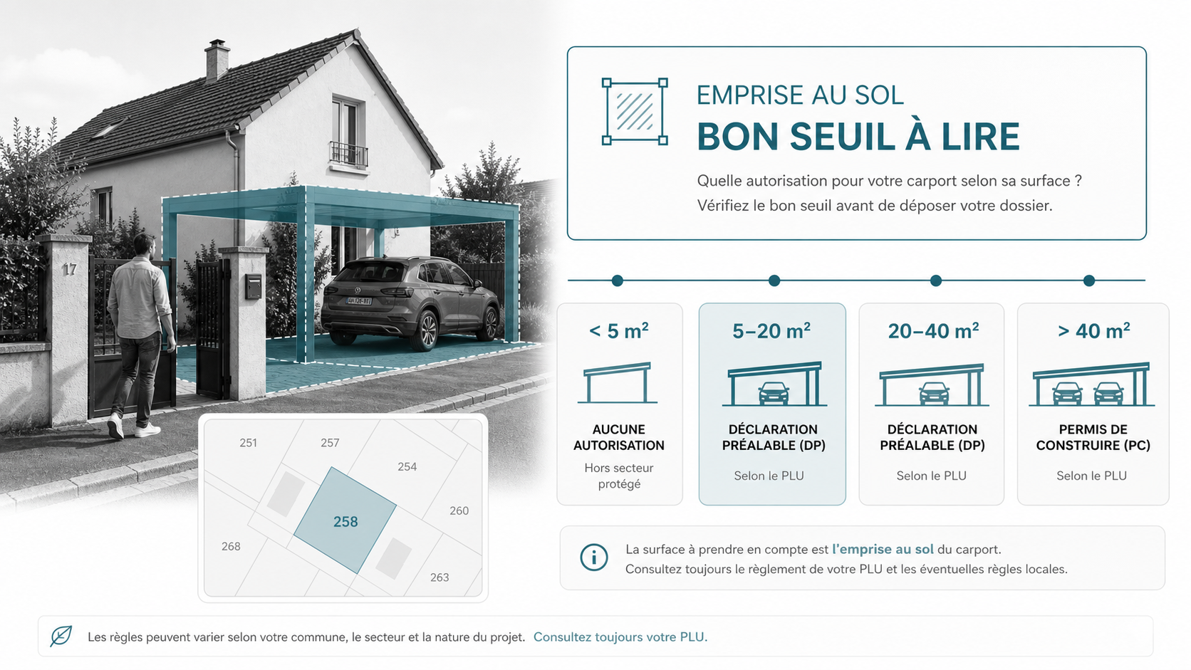Infographie récapitulative des autorisations pour un carport selon la surface : moins de 5 m² aucune autorisation, 5 à 20 m² déclaration préalable, 20 à 40 m² déclaration ou permis selon le PLU, plus de 40 m² permis de construire obligatoire