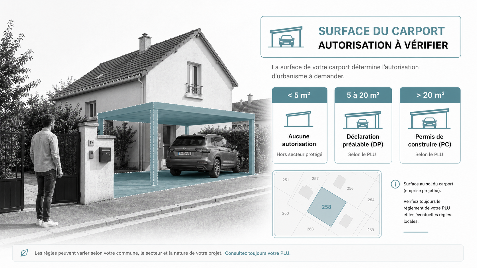Schéma des seuils de surface d'un carport : aucune autorisation, déclaration préalable ou permis de construire