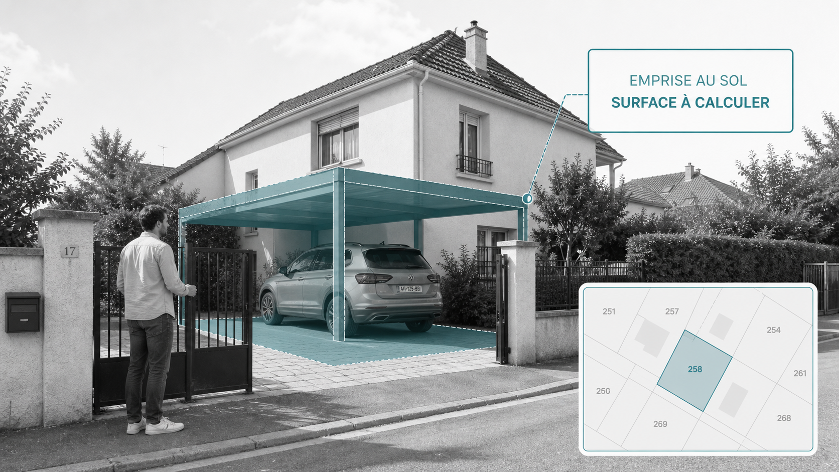 Emprise au sol d'un carport à calculer sur une maison française dans une composition atlas digital clair