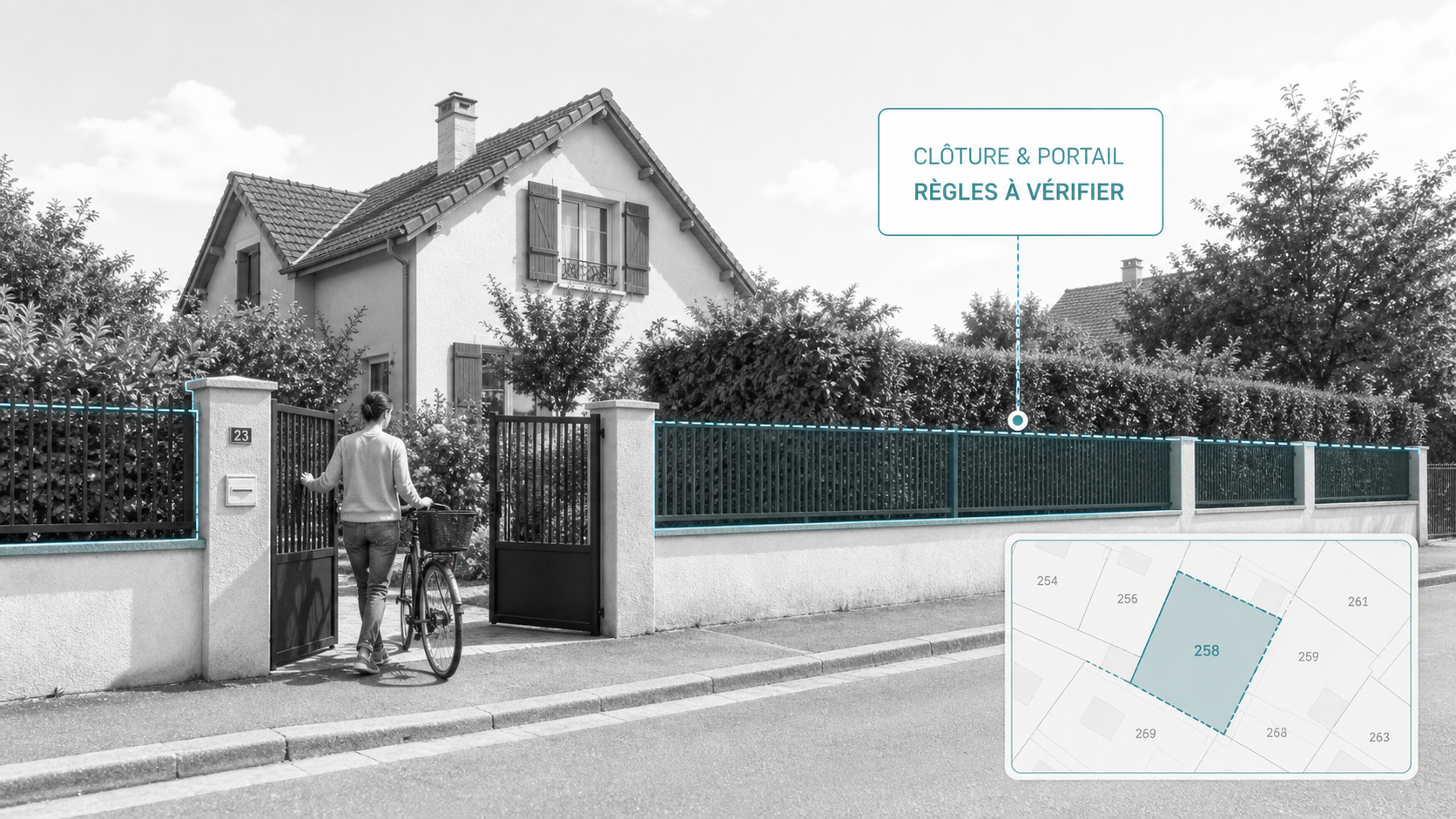 Clôture et portail de maison française avec règles à vérifier dans une composition atlas digital clair