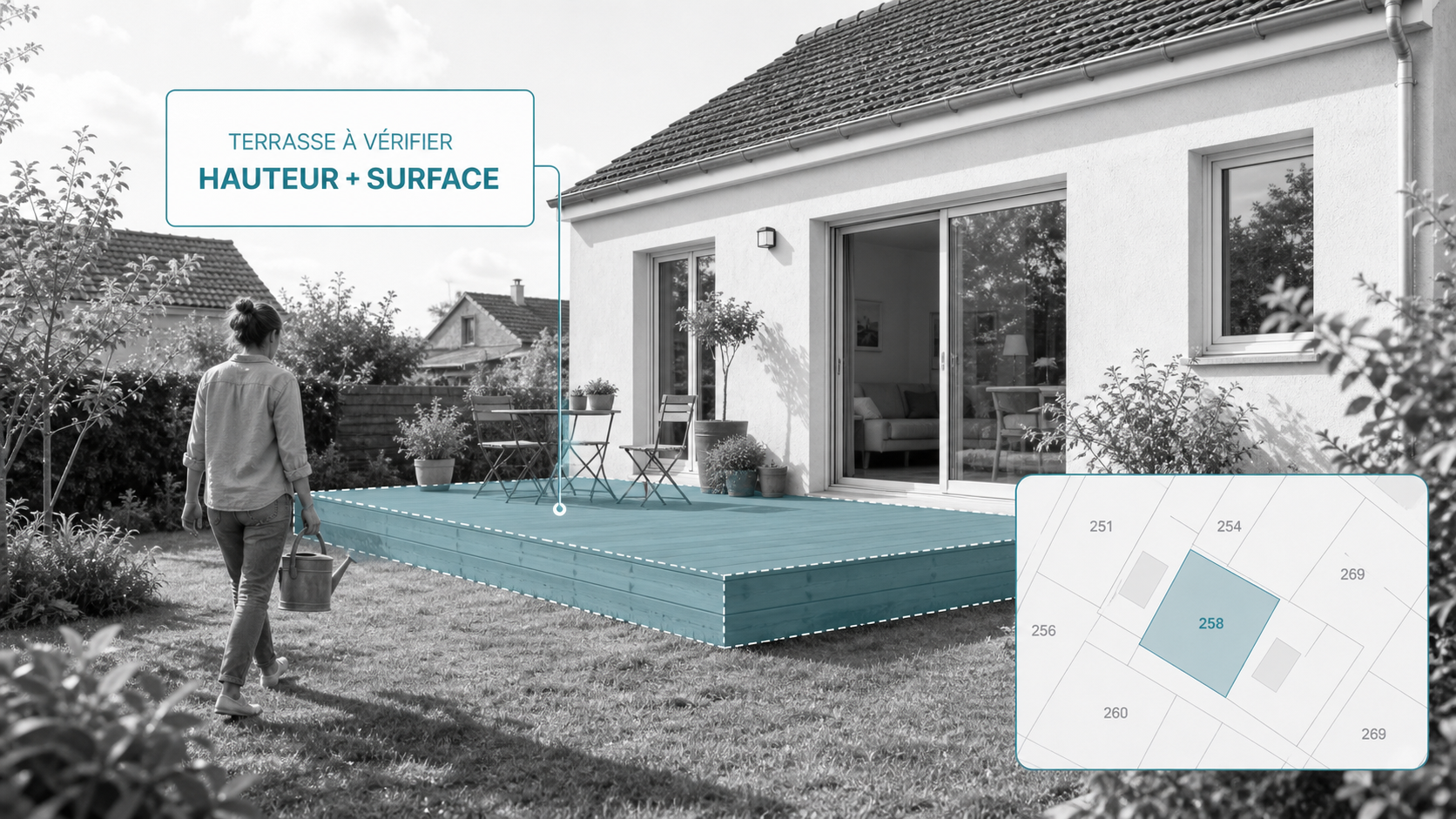Terrasse de maison française avec hauteur et surface à vérifier dans une composition atlas digital clair