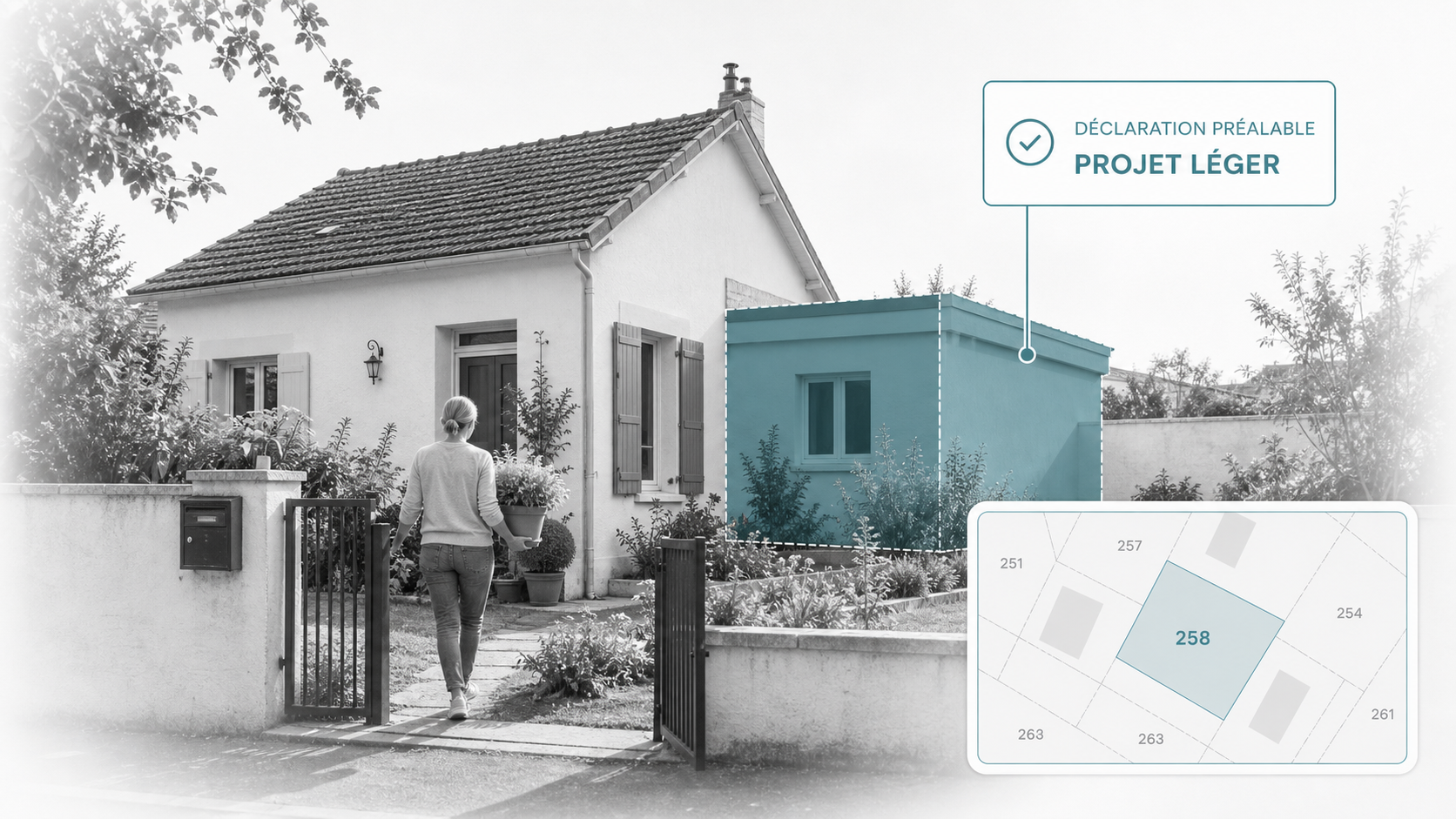 Petit projet de maison française en déclaration préalable dans une composition atlas digital clair