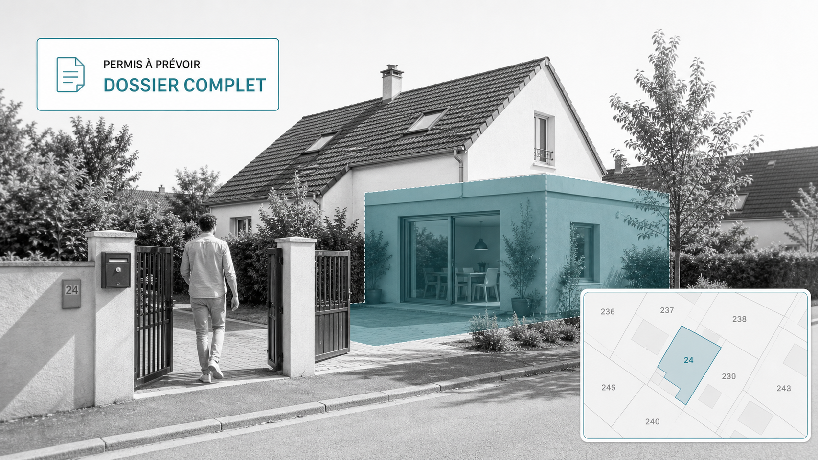 Maison française avec permis à prévoir et dossier complet dans une composition atlas digital clair