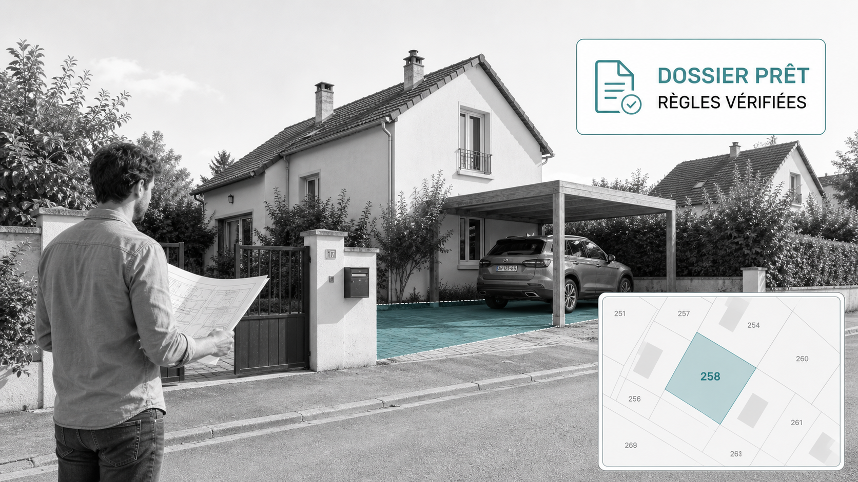 Terrain de maison française avec règles vérifiées dans une composition atlas digital clair