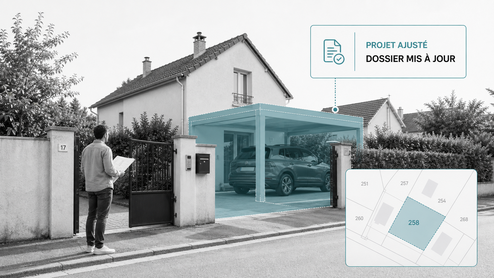 Projet de maison française ajusté avec dossier mis à jour dans une composition atlas digital clair