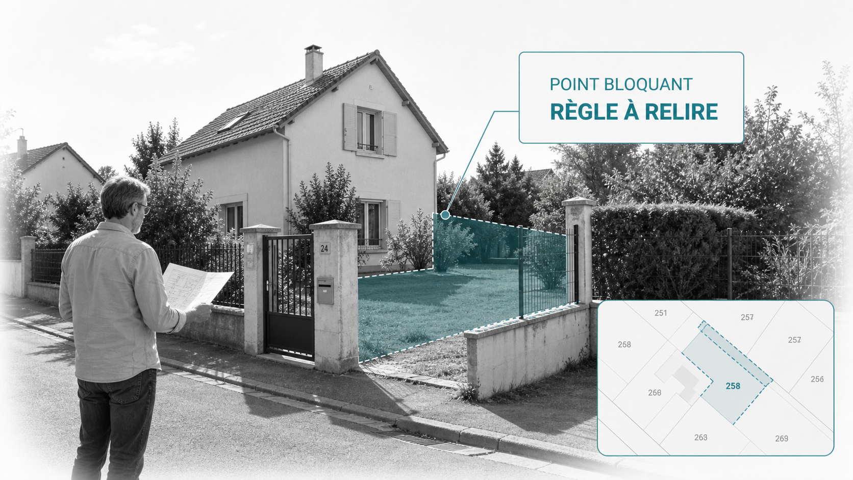 Point bloquant d'un projet de maison française rendu visible dans une composition atlas digital clair