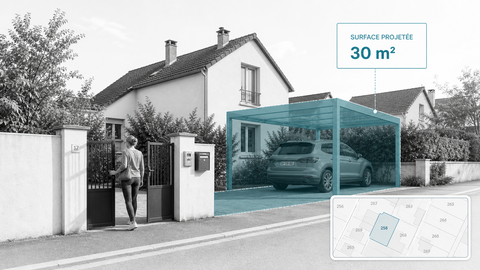 Maison française avec carport projeté de 30 mètres carrés dans une composition atlas digital clair