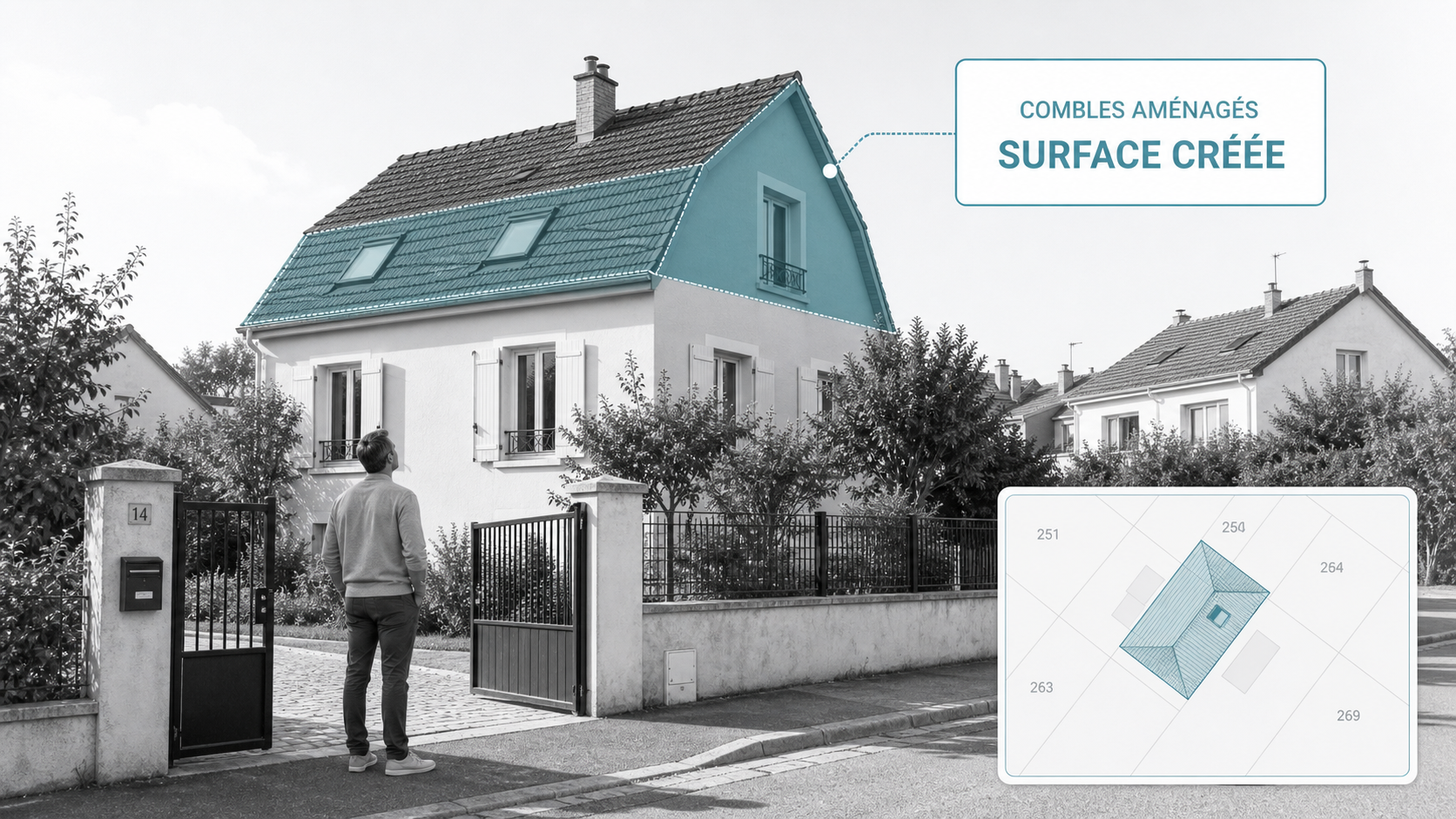 Combles aménagés et surface créée sur une maison française dans une composition atlas digital clair