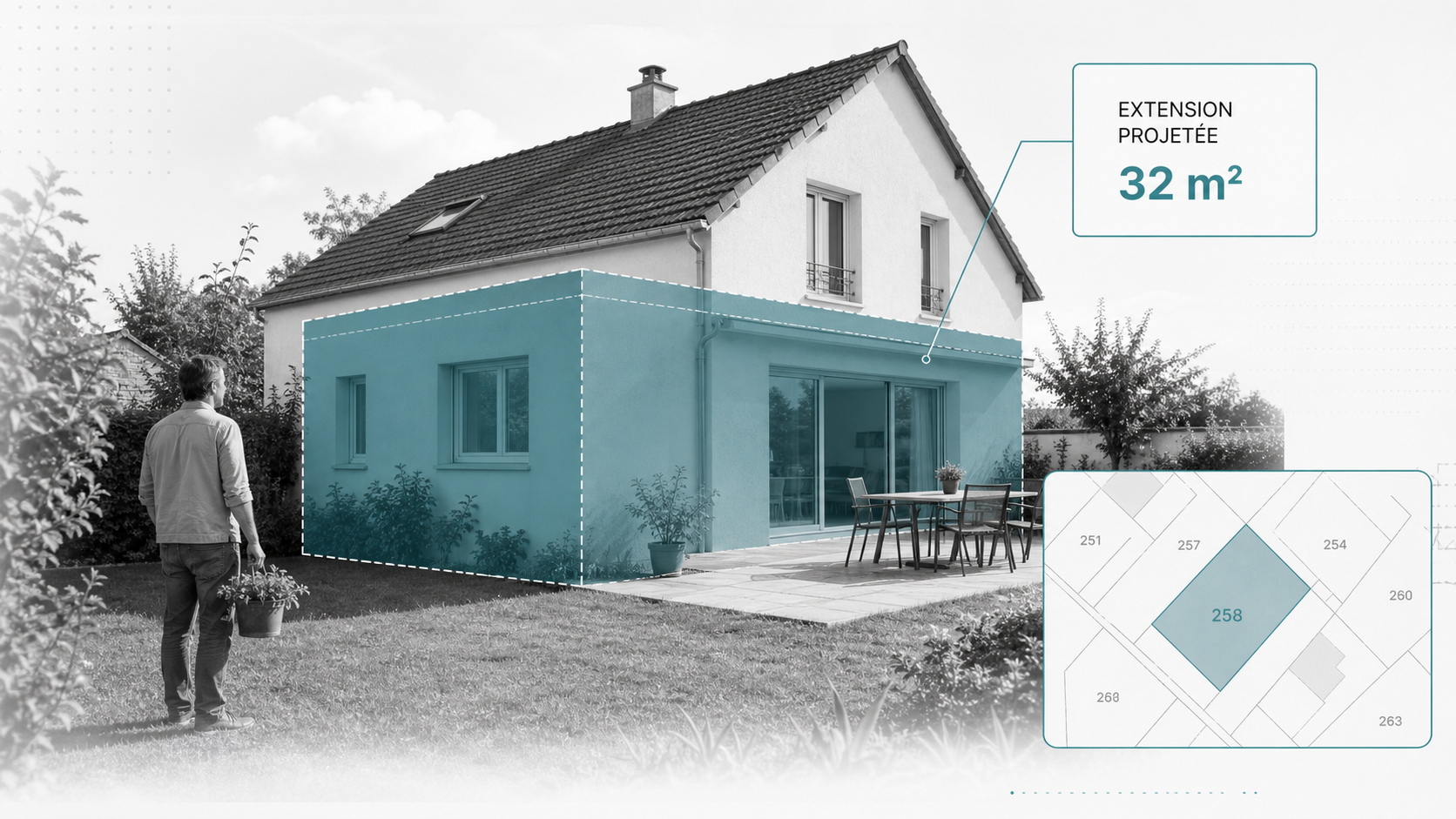 Maison française avec extension projetée de 32 mètres carrés dans une composition atlas digital clair