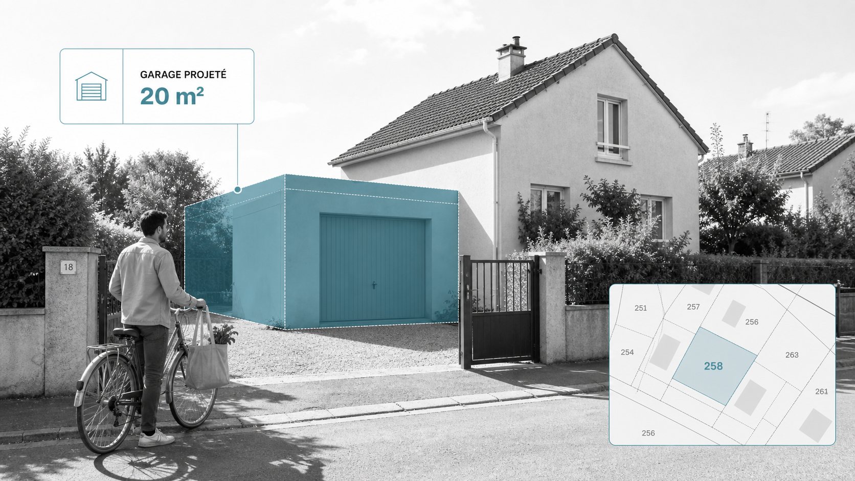 Maison française avec garage projeté de 20 mètres carrés dans une composition atlas digital clair