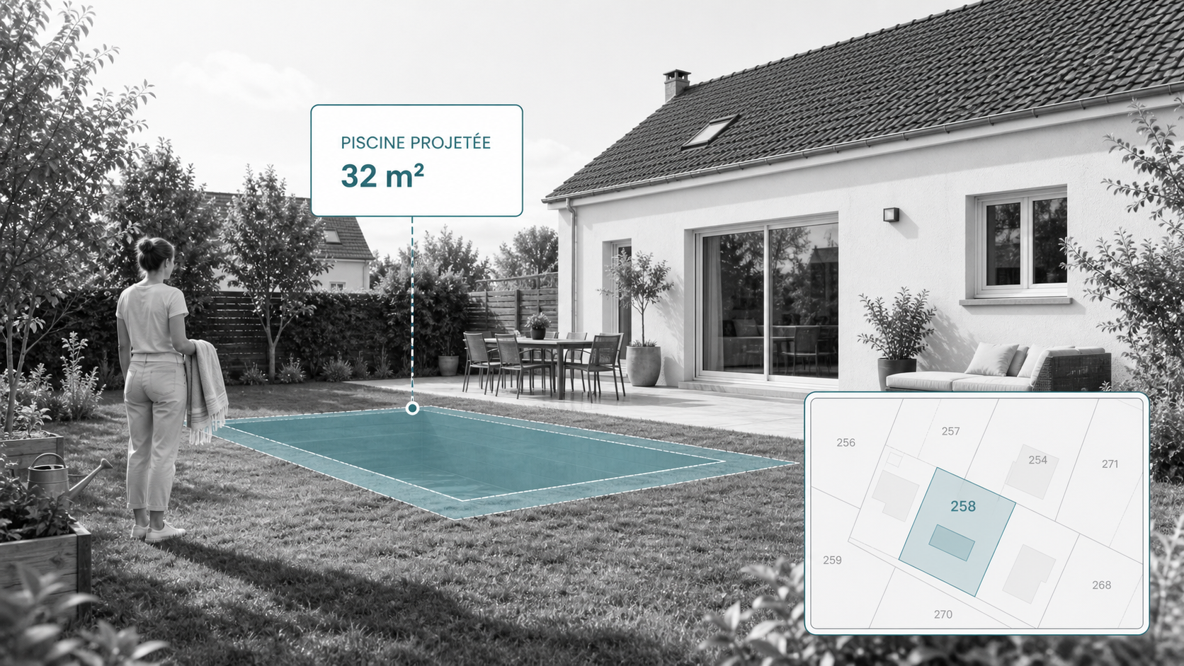 Piscine projetée de 32 mètres carrés dans un jardin français en composition atlas digital clair