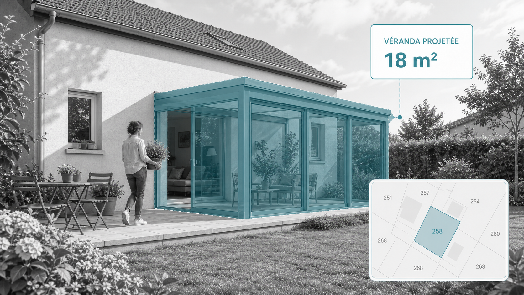 Véranda projetée de 18 mètres carrés sur une maison française dans une composition atlas digital clair