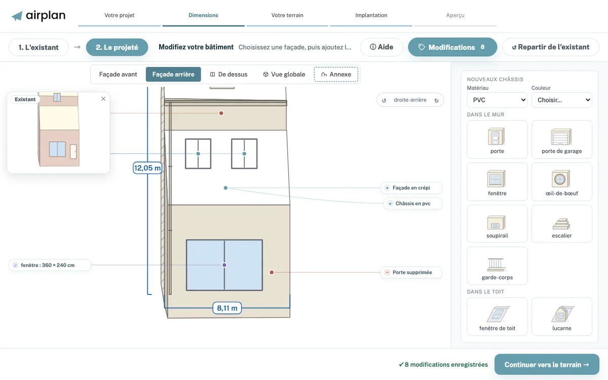 Étape Dimensions, le projeté : façade arrière en 3D et bibliothèque d’ouvertures