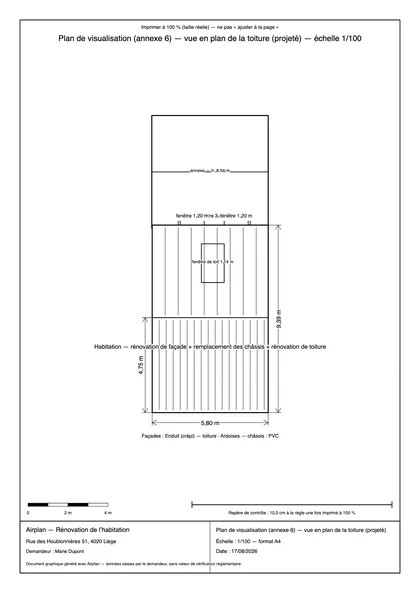 Vue en plan de la toiture projetée avec la fenêtre de toit